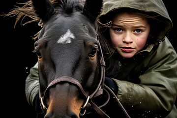 closeup picture of little girl ridding the horse.  little girl in a raincoat with a horse on a black background