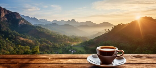 Morning coffee with mountain view Image - obrazy, fototapety, plakaty