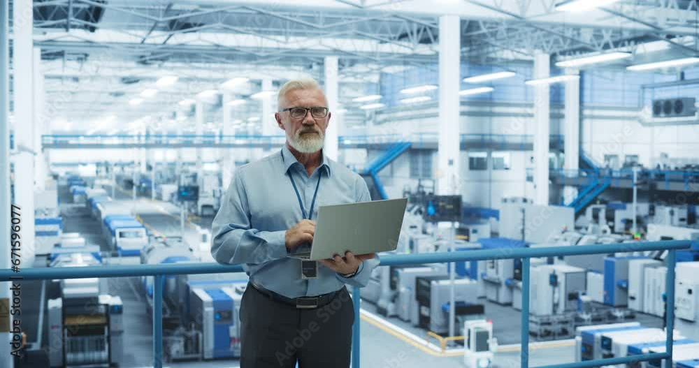 Fototapete Portrait of a Handsome Middle Aged Engineer with Glasses Using Laptop Computer and Looking Around a Factory Facility with Equipment Producing Modern Electronic Components for Different Industries