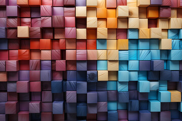 Abstract geometric rainbow colors colored 3d wooden square cubes texture wall background banner illustration panorama long, textured wood wallpaper 