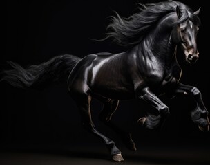 Beautiful black stallion with flying mane on black studio background
