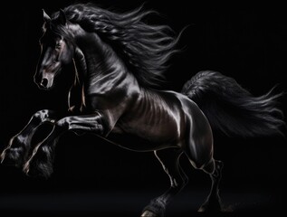 Fototapeta premium Beautiful black stallion with long mane running on dark background