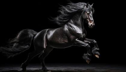 Obraz na płótnie Canvas Beautiful black stallion with long mane running on dark background