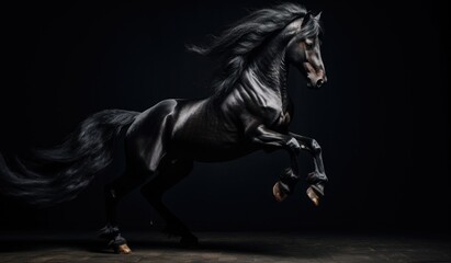 Obraz na płótnie Canvas Beautiful black stallion with flying mane on black studio background
