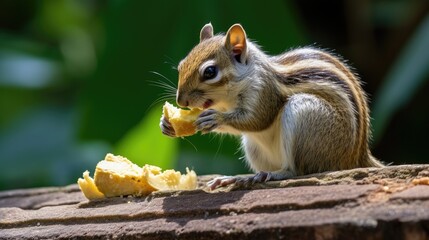 The hungry northern palm squirrel (Funambulus pennantii) also called the five-striped palm squirrel came down from the lemon tree to eat rice
