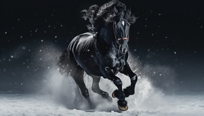 Black stallion gallops in the snow on a black background. - obrazy, fototapety, plakaty