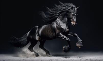 Obraz na płótnie Canvas Black stallion gallops in the snow on a black background.