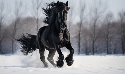 Beautiful black stallion galloping in winter field, motion blur