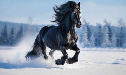 Black stallion galloping in the snow in the winter forest.