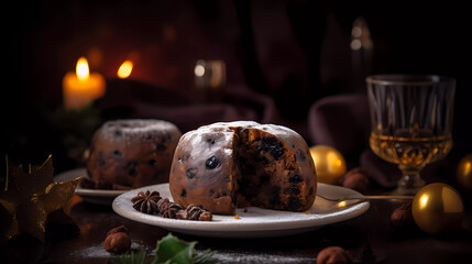  Traditional festive dessert.Christmas pudding on the table with blurred light background. - obrazy, fototapety, plakaty
