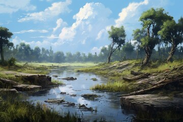 Landscape of ancient marshy river. Generative AI