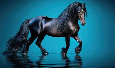 Obraz na płótnie Canvas Black horse with long mane running in water on dark blue background