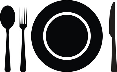 Fork, knife, spoon and plate set icons. Tableware set flat style. Dinnerservice collection. Plate, fork and knife for apps and websites. Dinner service Vector