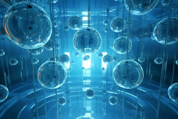 Blue contemporary artwork depicting suspended cells. Represents innovative technology or medical concept. Generative AI