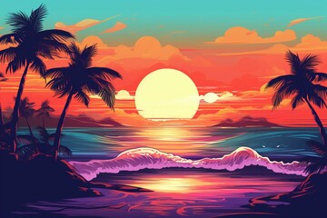 Fototapeta na wymiar Background with beach, retro wave, and summer sunset. Generative AI