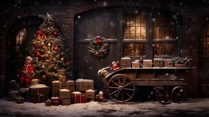 Fototapeta na wymiar many gift boxes on wooden cart, Christmas winter nights with Christmas tree, Generative Ai