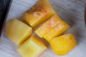 fresh peach sliced on the table