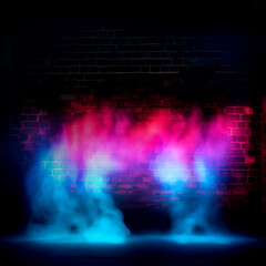 Neon rays on a neon brick wall with smoke abstract background