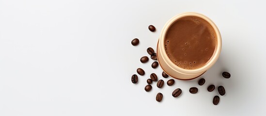 Top view of coffee in paper cup with lid on white background