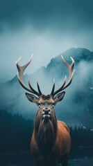 portrait of elk with mountains in the background