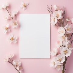 Fototapeta na wymiar mockup white blank card with cherry flowers on pink background