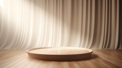 empty modern round wooden podium, background with soft white curtain drapes in sunlight