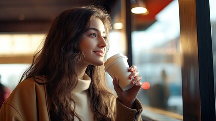 Young woman drinking coffee from large disposable cup at take away counter of cafe
 - obrazy, fototapety, plakaty