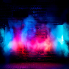 Neon rays on a neon brick wall with smoke abstract background