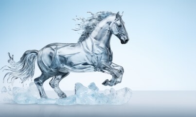 Obraz na płótnie Canvas Ice sculpture of horse in dynamic pose. Beautiful horse ice figure. Horse with splashes of water on a blue background