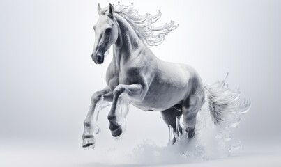 Obraz na płótnie Canvas White horse with flying hair and splashes of water on white background. Frozen water splashes on background. Horse in dynamic pose.