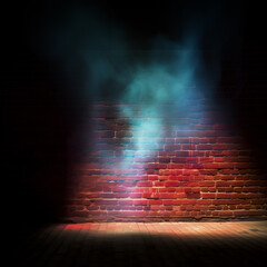 A spotlight shines on the smoke and brick wall, abstract background