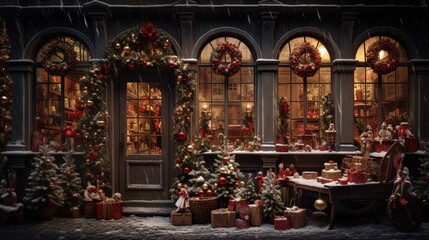 Fototapeta na wymiar many gift boxes at shop door, Christmas winter nights with Christmas tree, Generative Ai