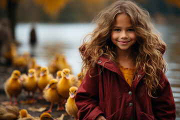 Beautiful girl and  autumn lake and ducks.