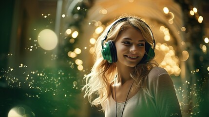 woman wearing headphone with glitter glow light, Generative Ai