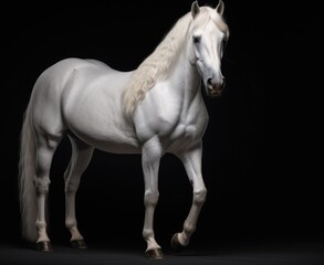 White horse with long mane in motion on black background