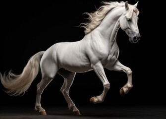 Obraz na płótnie Canvas White horse with long mane in motion isolated on black studio background