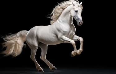 Naklejka na ściany i meble White horse with long mane in motion on black background