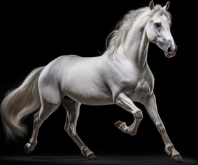 Obraz na płótnie Canvas White horse with long mane in motion on black background