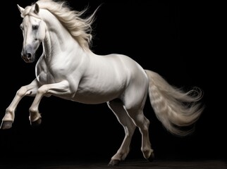 Beautiful white horse in motion on black background