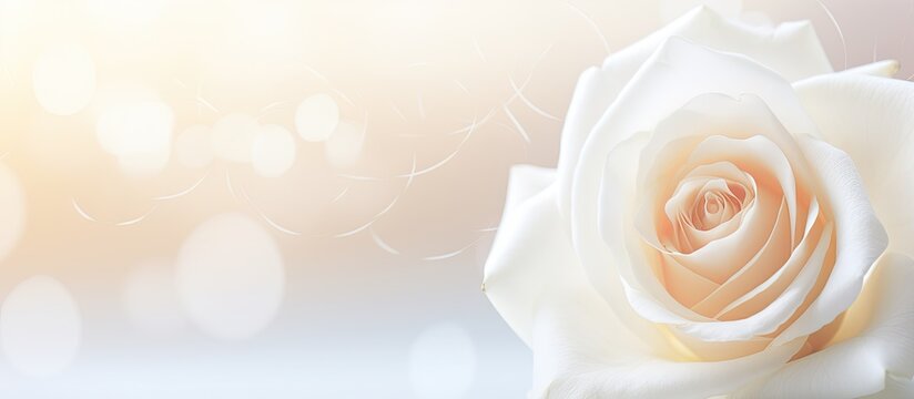 White artificial rose flowers arranged as a background with soft focus and space for text