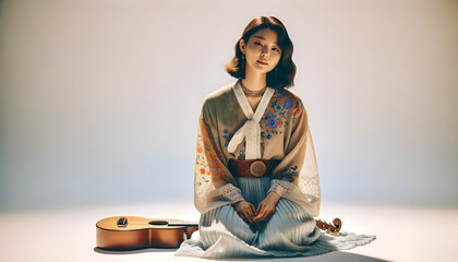 A woman Korean model in a bohemian outfit, kneeling on a plain white background. With a musical instrument.
