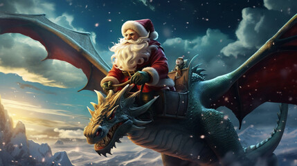 Santa Claus with dragon. Christmas and New Year concept. 3D Rendering. Generative AI