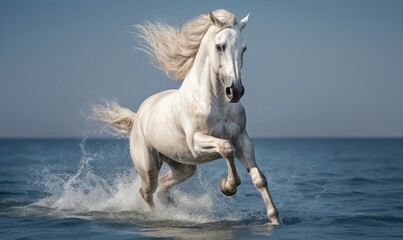Naklejka na ściany i meble White horse running on the beach and splashing water in the sea