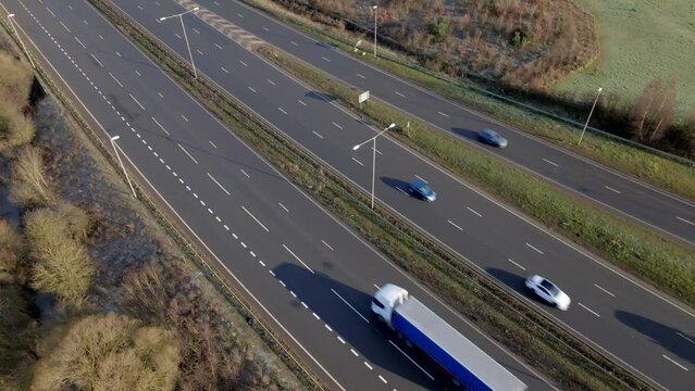 Motorway Driving in the UK Aerial View Showing Lorries, Vans, Cars and Vehicles