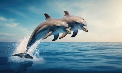 Dolphins jumping out of the water. Nature background.