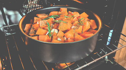 Healthy eating. Organic pumpkin baked with rosemary and garlic