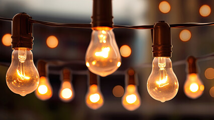 Vintage style light bulbs hanging outdoors. Decorative lights background. Generative Ai
