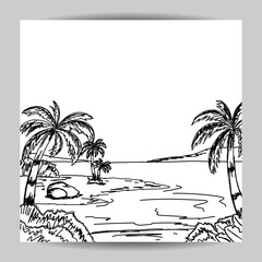 beach scene illustration sketch design with black hand drawn lines