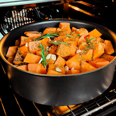 Healthy eating. Organic pumpkin baked with rosemary and garlic