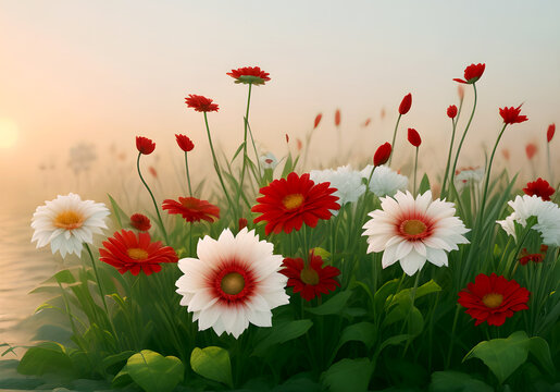 White and Red flower in a green field background Wallpaper HD 4k
